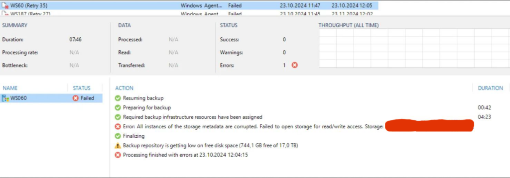 veeam error all storage metadata are corrupted
